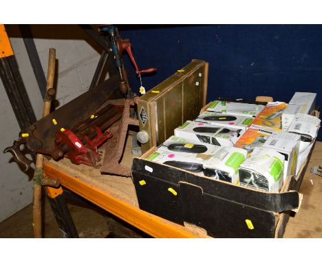 A MOUNTED VINTAGE BENCH DRILL PRESS, a Record 52D vice, Ideal sillitine, saw and a box of slimline telephone hand sets (7)