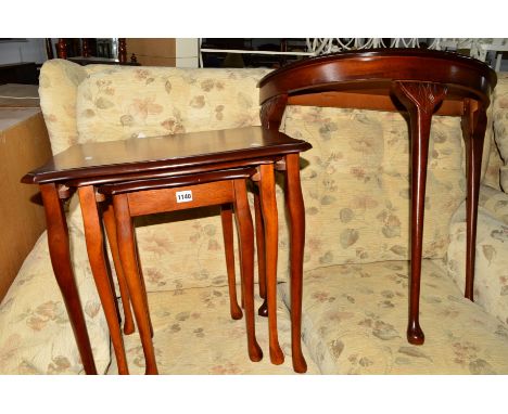 A MODERN MAHOGANY NEST OF THREE TABLES, a half moon table and a tripod table (3)