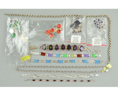 A SELECTION OF SILVER AND WHITE METAL MAINLY GEM SET JEWELLERY to include a pair of amethyst cabochon ear pendants, a coated 