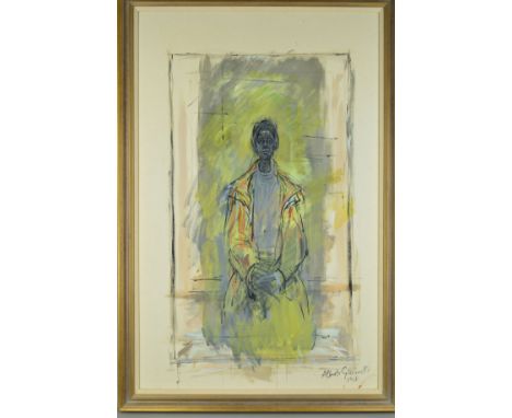 JOHN MYATT (BRITISH 1945) 'PORTRAIT OF ANNETTE', oil on canvas painted in the style of Alberto Giacometti signed and annotate