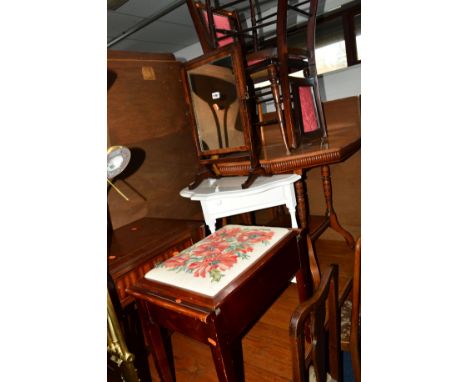 AN EDWARDIAN WALNUT OCTAGONAL CENTRE TABLE, a Georgian dressing mirror, piano stool, sofa table, painted half moon table and 