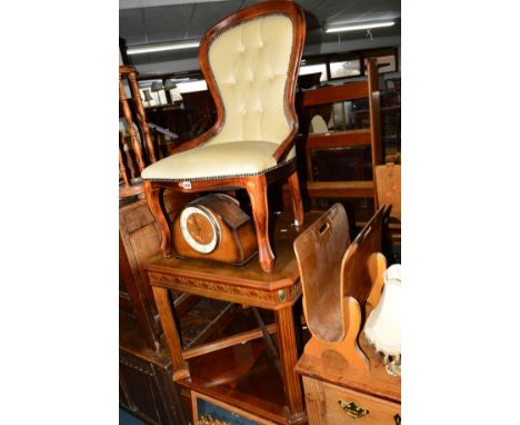 A REPRODUCTION SPOONBACK BEDROOM CHAIR, an oak mantle clock, walnut magazine rack, coffee table, two mirrors, standard lamp, 