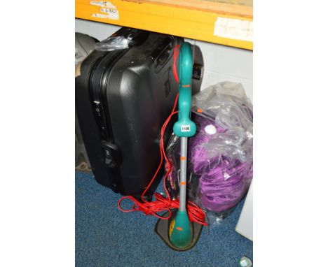 A BOSCH ELECTRIC STRIMMER, together with a suitcase, step ladders, clothes airer and a bag of linen (5)