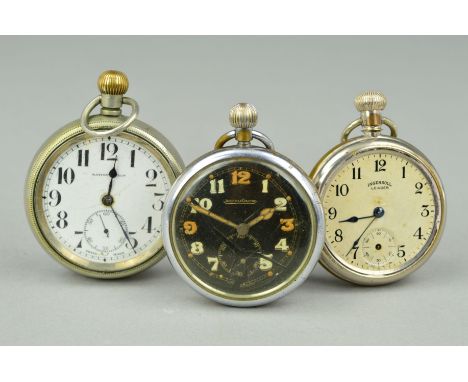 THREE POCKET WATCHES to include a steel Jaeger-LeCoultre, engraved to the back 'G.S.T.P 233844', an Ingersoll and a Satisfact