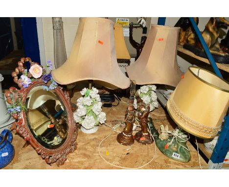 A PAIR OF CAPODIMONTE TABLE LAMPS WITH SHADES, height approximately 35cm, together with a Denby style lamp with Rabbits, five