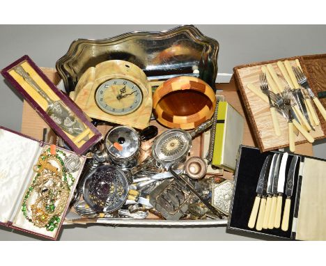 A BOX OF SILVER PLATE AND OTHER METALWARES, including teapots, together with costume jewellery, bakelite mantel clock with la