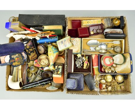TWO SMALL BOXES OF NOVELTIES AND JEWELLERY  etc, to include a late 19th to early 20th Century rolled gold jewellery, a cameo 
