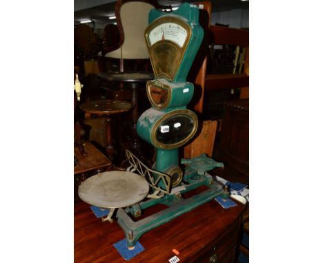 A SET OF 20TH CENTURY COUNTER TOP SCALES, green ground and marked Automatic Scale Co Ltd 