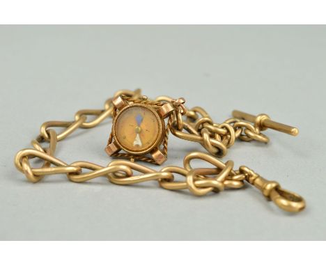 AN EARLY 20TH CENTURY LONG OPEN LINK SINGLE ALBERT CHAIN, together with a carnelian compass fob and a 'T' bar and fitted to a