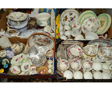 FOUR BOXES OF CERAMICS, SHELLS etc, to include early 19th Century teawares, Poole, Royal Crown Derby, Wedgwood, Aynsley trink