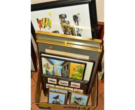 PICTURES AND PRINTS etc, to include a pair of Chinese silk embroidered pictures of exotic birds, approximate size 33cm x 48cm