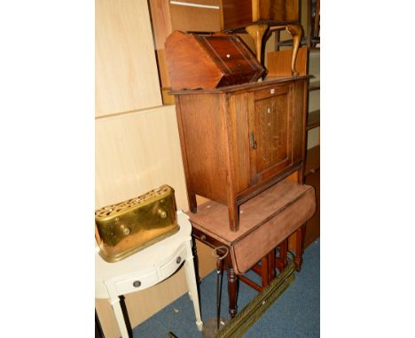 AN OAK SINGLE DOOR CABINET, a Victorian mahogany Pembroke table, a walnut pot cupboard, a painted hall table, an Edwardian pu