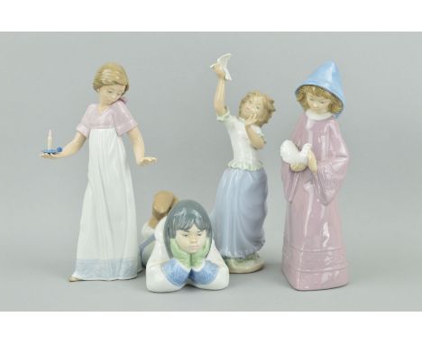 FOUR NAO FIGURES to include girl with chamberstick, inuit girl lying down with head in hands No 1298, girl with Dove and youn