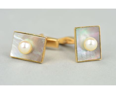 A PAIR OF GEM SET CUFFLINKS, each designed as rectangular mother of pearl panel set with a central pearl to the swivel backs,