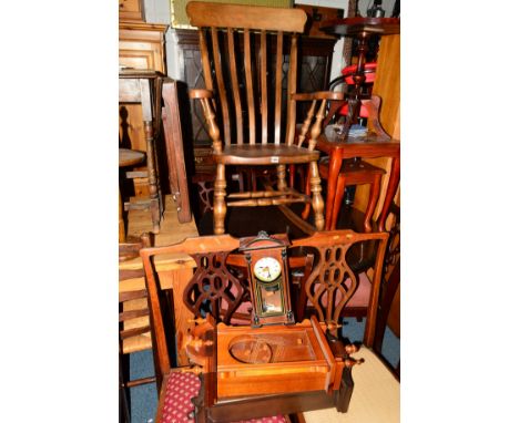 A MODERN STAINED BEECH STICK BACK ROCKING CHAIR, a Georgian oak rush seated ladder back chair and three modern wall clock (tw