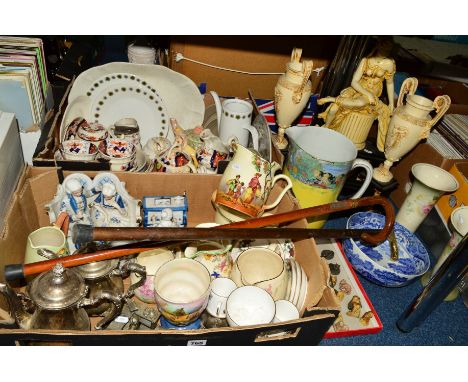TWO BOXES AND LOOSE ITEMS to include a pair of Doulton 'Old English Scenes' Series Ware water jugs, Masons 'Bible' pattern, C