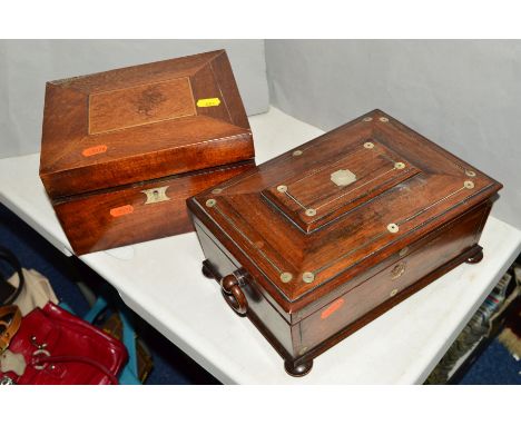 A WOODEN SEWING BOX, mother of pearl inlay, missing escutcheon and one foot, no key, with another wooden sewing box, inlaid w