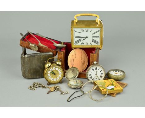 AN EARLY 20TH CENTURY FRENCH GILT SQUARE CARRIAGE CLOCK, enamel dial, glass cracked, cased with key, height 10.5cm to top of 