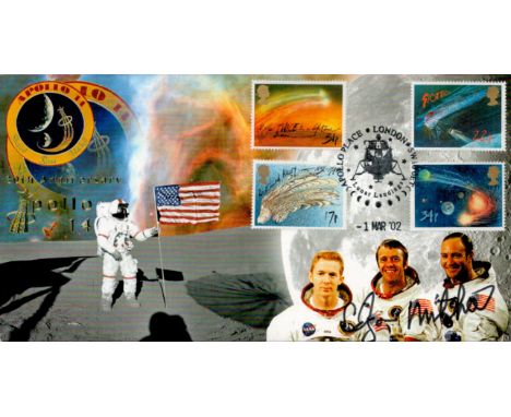 NASA Astronaut Apollo 14 moonwalker Dr Edgar Mitchell signed Space 2002 postmarked cover. Illustrated with crew and mission i