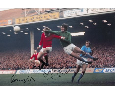 Football autographed Denis Law and Joe Corrigan 12 X 8 Photo colour, Depicting Manchester City Goalkeeper Joe Corrigan Punchi