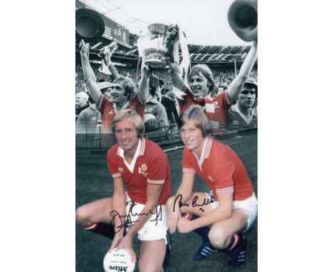 Football autographed Brian and Jimmy Greenhoff 12 X 8 Photo Colorized, Depicting A Montage Of Images Relating To Manchester U