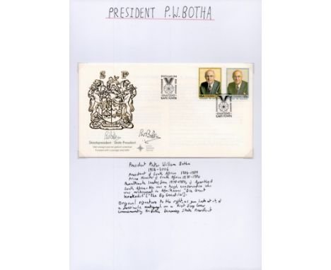 Pieter Willem Botha Signed South African State President First Day Cover. Signed in black ink. Good Condition. All autographs