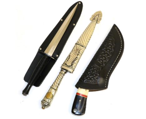 An Argentinian Gaucho Knife, the 17.5cm single edge scallop back steel blade etched SIMBRA, the white metal grip and scabbard