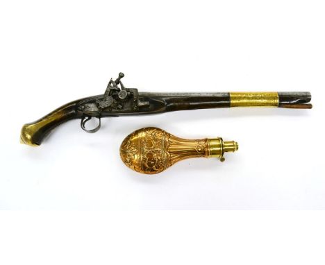 A 19th Century Indo-Persian Snaphance Holster Pistol, the 36 cm barrel etched to the breech, single broad brass band with pin