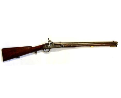 A Victorian .577 Calibre Percussion Carbine, the 53.5cm brown twist stained round barrel with V rear sight, later stamped 182