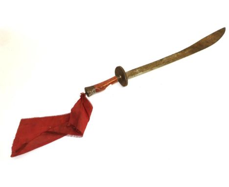 A Chinese Dao Sword, with 65cm broad curved single edge steel blade, oval lipped guard, red stained wood grip and cylindrical
