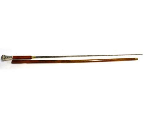 A Late 19th Century Malacca Swordstick, the 67.5cm diamond section steel blade bearing traces of bluing, the handle with silv