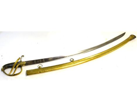 An Early 19th Century German Cavalry Sword, the curved, fullered, single edge blade, length 84.5 cm, part blued and gilt and 