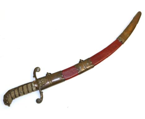 A George III Naval Dirk, the 36.5 cm curved blade with copper gilt hilt, lion mask and mane pommel, flowerhead cast guard and