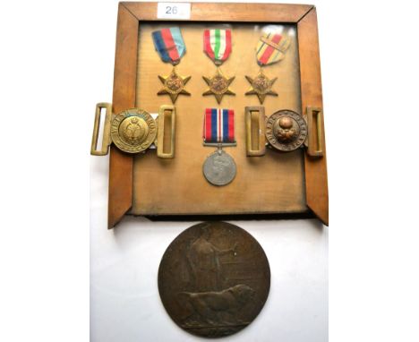 A First World War Memorial Plaque, to OSCAR ADDISON DAVIES; assorted Medals and Militaria, comprising two brass military belt