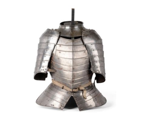 A 17th Century Half Suit of Armour, comprising gorget, cuirass of eight articulated lames, back plate of seven articulated la