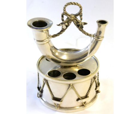 A Late 19th Century Electro-Plated Military Table Centrepiece, comprising a military drum, pierced to the top with six holes 