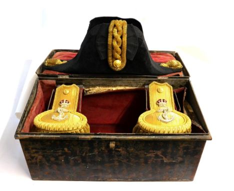A Late 19th Century Royal Navy Commander's Epaulettes, Bicorn Hat and Sword Belt, by Gieves Ltd., contained in original fitte