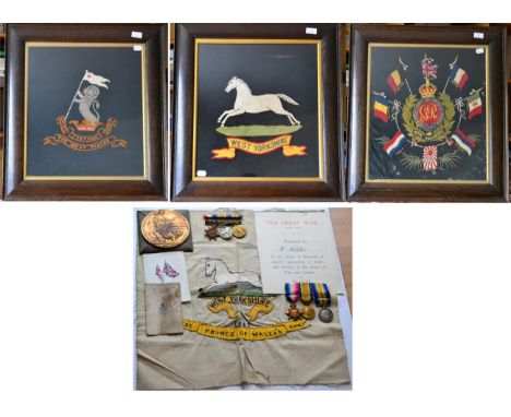 A First World War Family Group of Medals and Embroidered Pictures, comprising a trio of 1914-15 Star, British War Medal and V