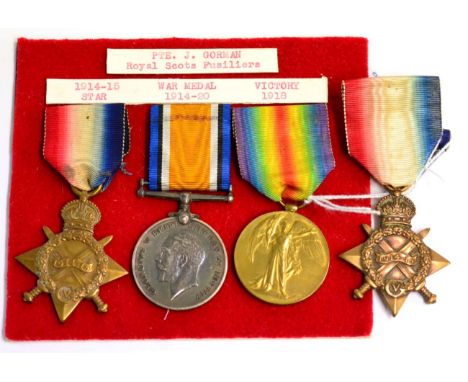 A First World War Trio, awarded to 13864 PTE. J. GORMAN. R.S.FUS., comprising 1914-15 Star, British War Medal and Victory Med