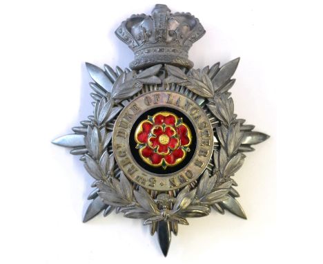 A Victorian Three Piece Helmet Plate to (Duke of Lancaster's Own) 3rd Lancashire Militia, in silver coloured metal with crown
