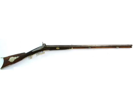 A 19th Century American Double Barrel Percussion Sporting Gun, with 84cm steel barrels, the right barrel rifled, the left bar