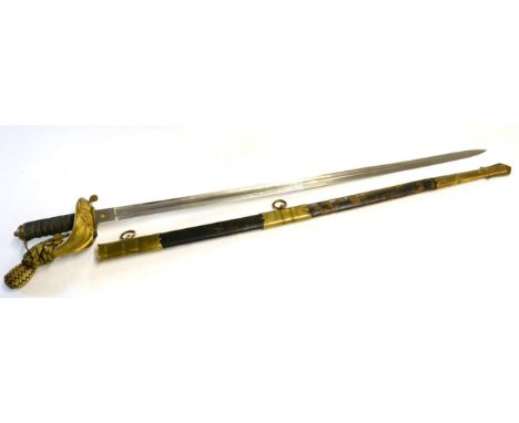 A Royal Navy Warrant Officer's Sword, the 80 cm blade with single part fuller, etched with a crowned fouled anchor and the Ro