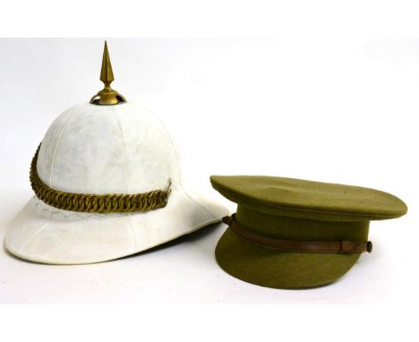 An Edwardian Wolseley Pattern Spiked Tropical Helmet, in white cloth, the skull made up of six panels, with gilt metal spike 