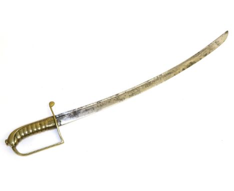 A 19th Century Hanger, the 63cm single edge curved steel blade with a narrow fuller to the back edge, the brass stirrup hilt 