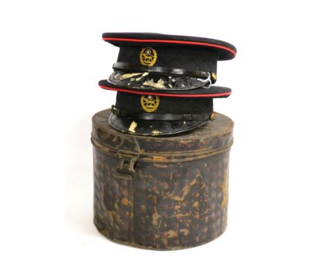 Two Edwardian Dress Service Caps to the York & Lancaster Regiment, each of dark blue Melton cloth with scarlet piping and bla