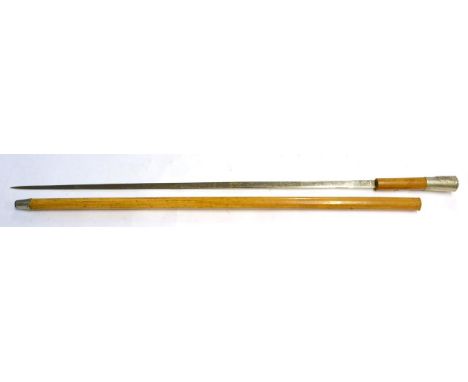 A 20th Century Malacca Swordstick, the 70cm blade etched with Masonic symbols, the handle with nickel pommel stamped with the