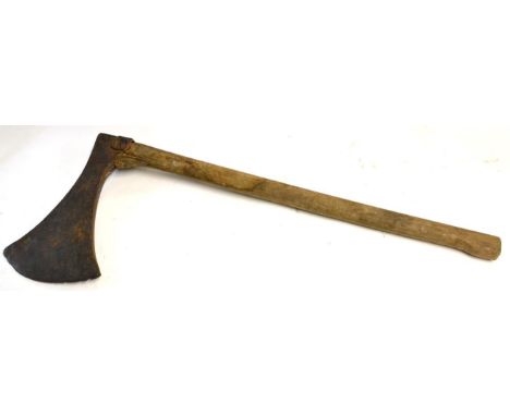 A French Headman's Axe, the 34cm fan shaped blade with curved edge, square section socket nailed and clamped to the square se