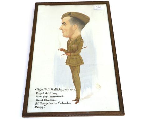 A Second World War Caracature Portrait of Major B J Halliday M.C. M.M., Royal Artillery, standing in profile wearing no.2 ser