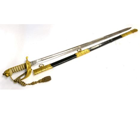 A Royal Navy Volunteer Reserve Officer's Sword, named to R.F. Young, the 80 cm blade with single part fuller, etched with cro