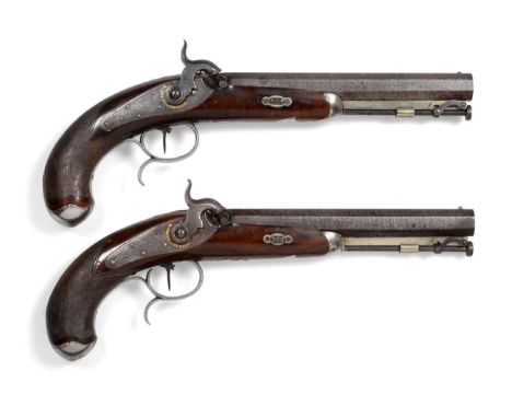 A Good Pair of 19th Century Prussian Officer's Percussion Pistols by W Poppe, Berlin, each with English 20.5cm hooked octagon